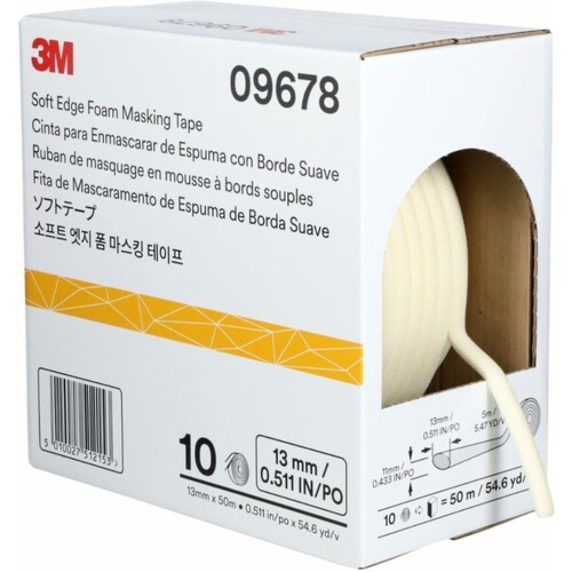 3M Soft Edge Foam Masking Tape — 1/2in. x 165ft., Polyurethane Foam, Model# MMM9678